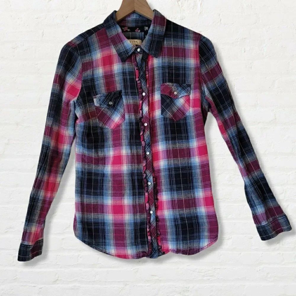 Arizona Shirt Pink and Blue Button Down with Mother of Pearl Snaps Junior Sz Lg